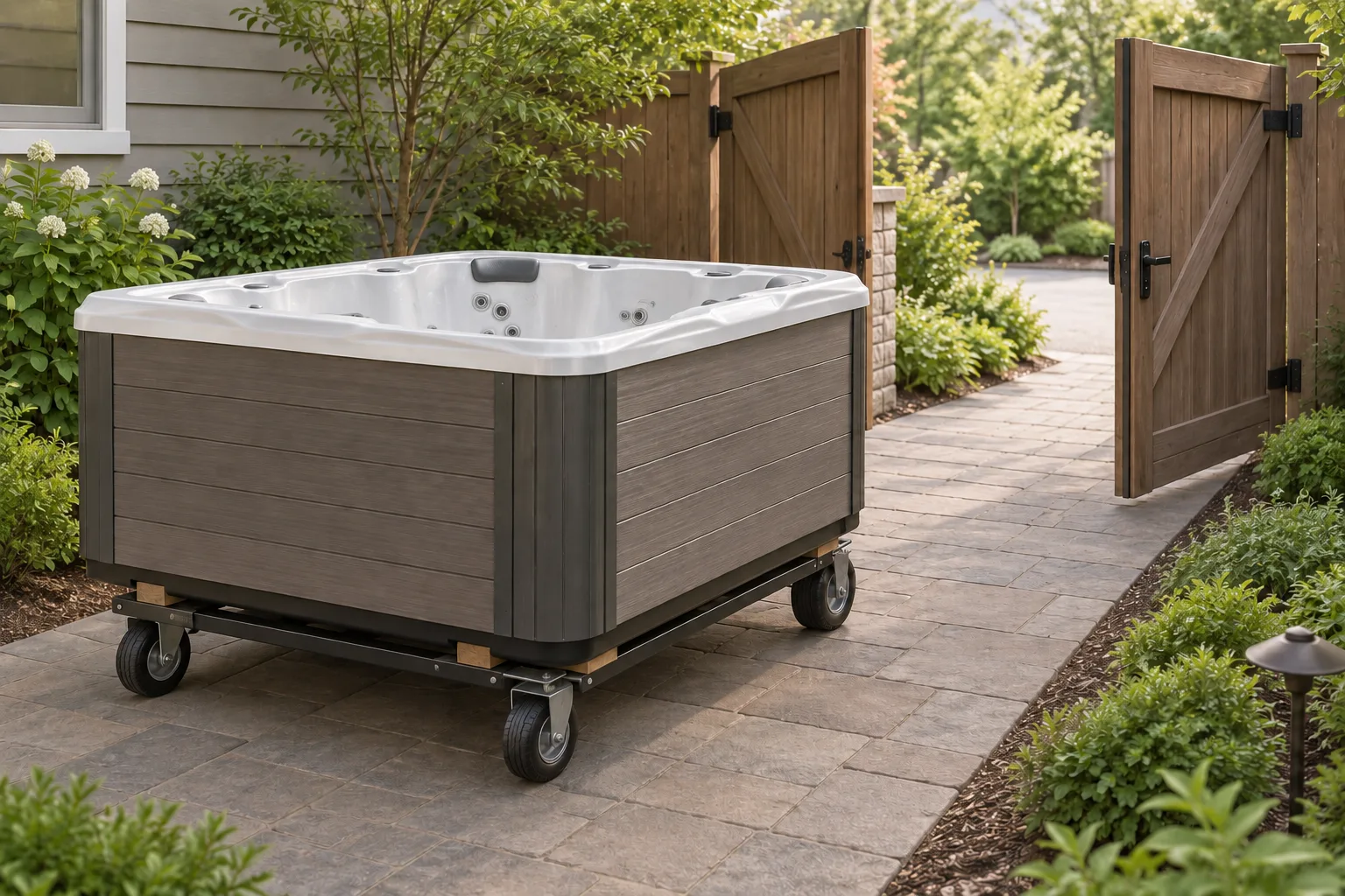 A drained hot tub on a wheeled platform beside an open garden gate