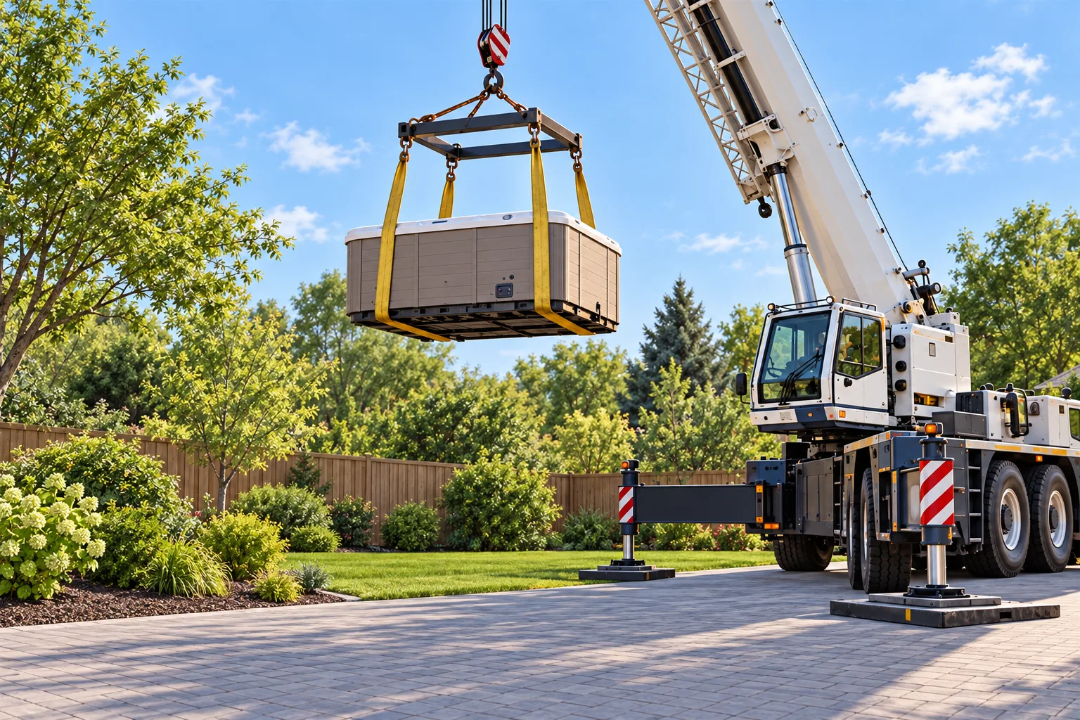 A mobile crane lifting a strapped hot tub above a garden fence