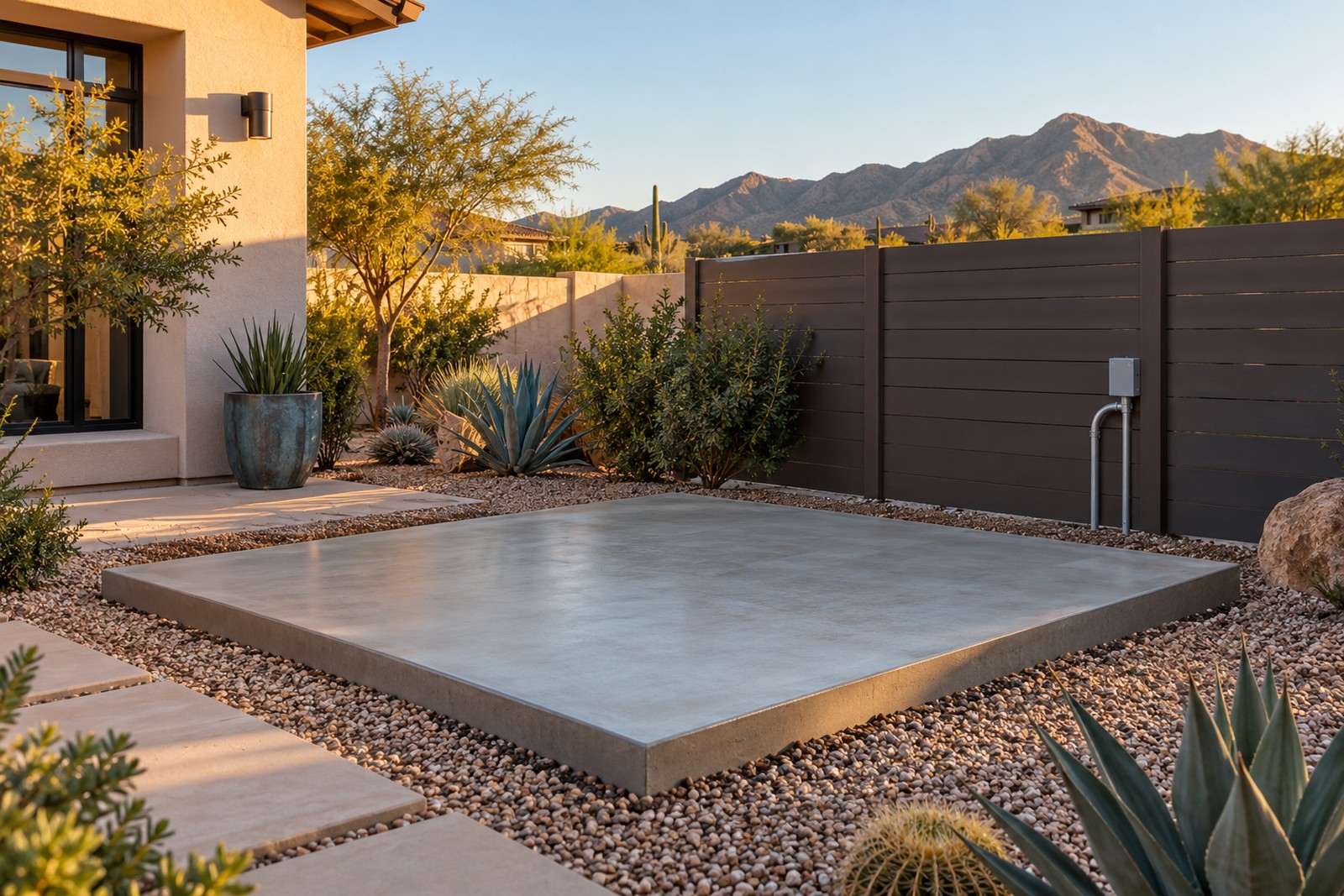 Fresh concrete hot tub pad with pea-gravel border and electrical conduit on the fence