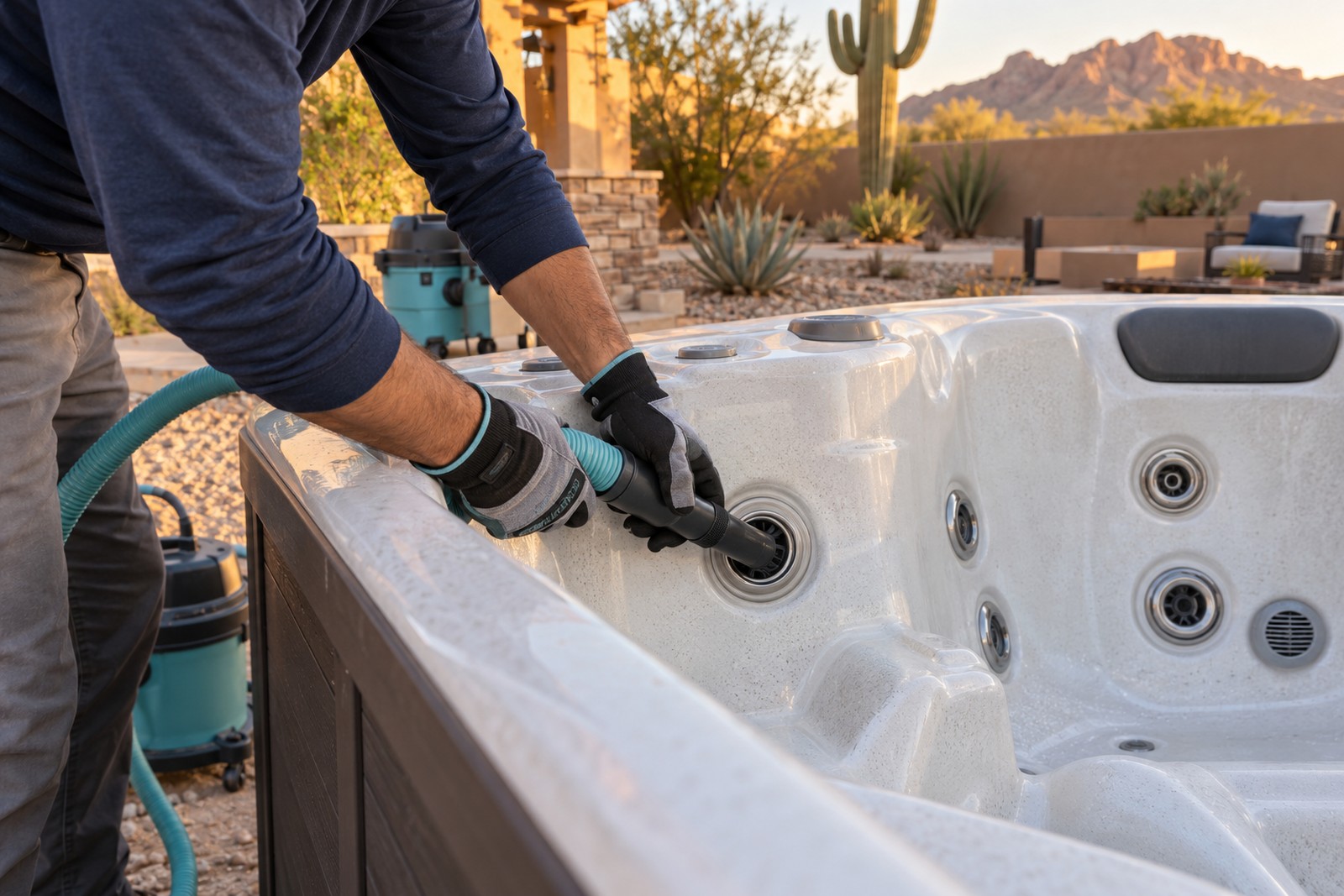 Gloved hands vacuum-draining a frosted hot tub jet in a snowy backyard