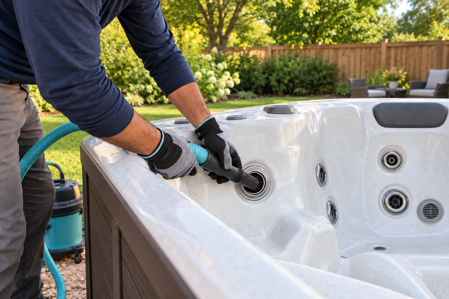Gloved hands using a vacuum hose at a jet in a drained hot tub
