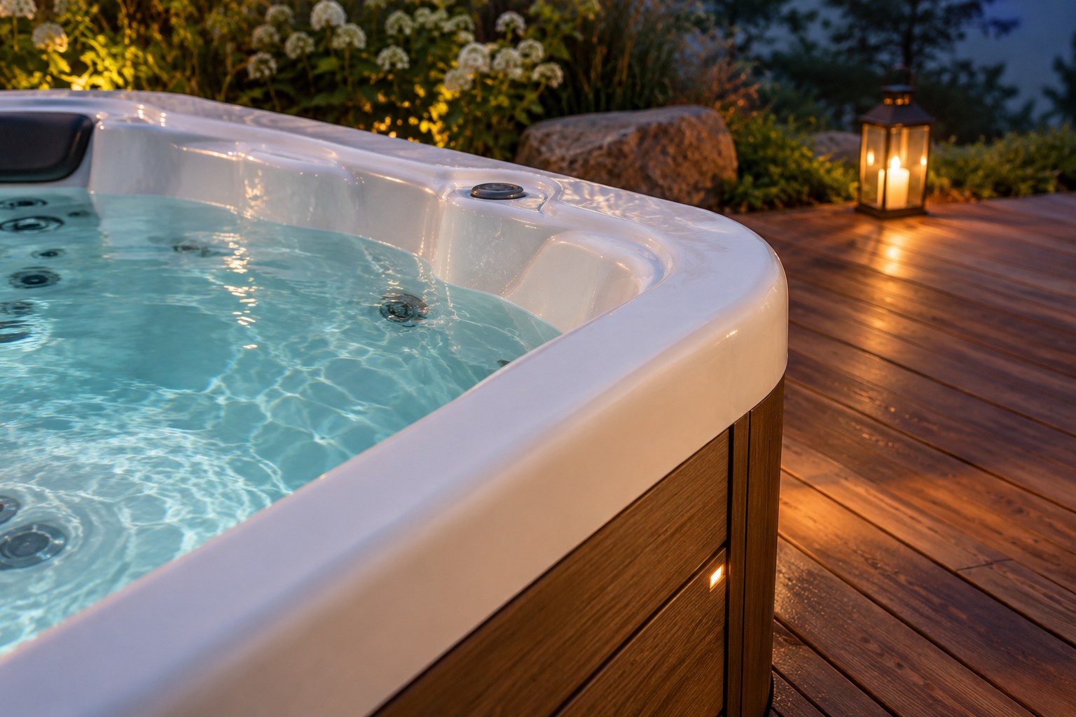 A hot tub rim, rippling water and a lantern on a wood deck at dusk