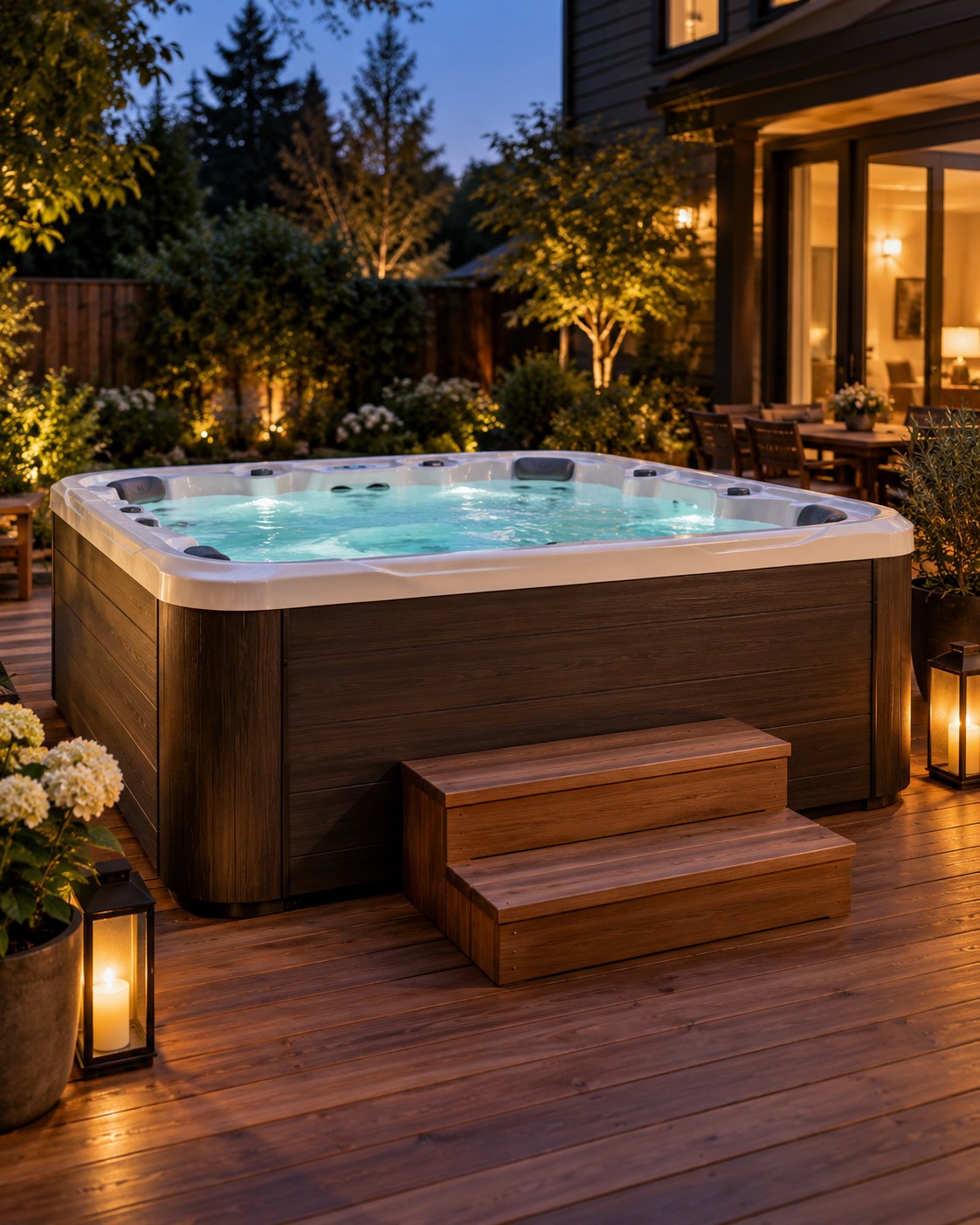 Hot tub with glowing interior lights on elevated deck at dusk